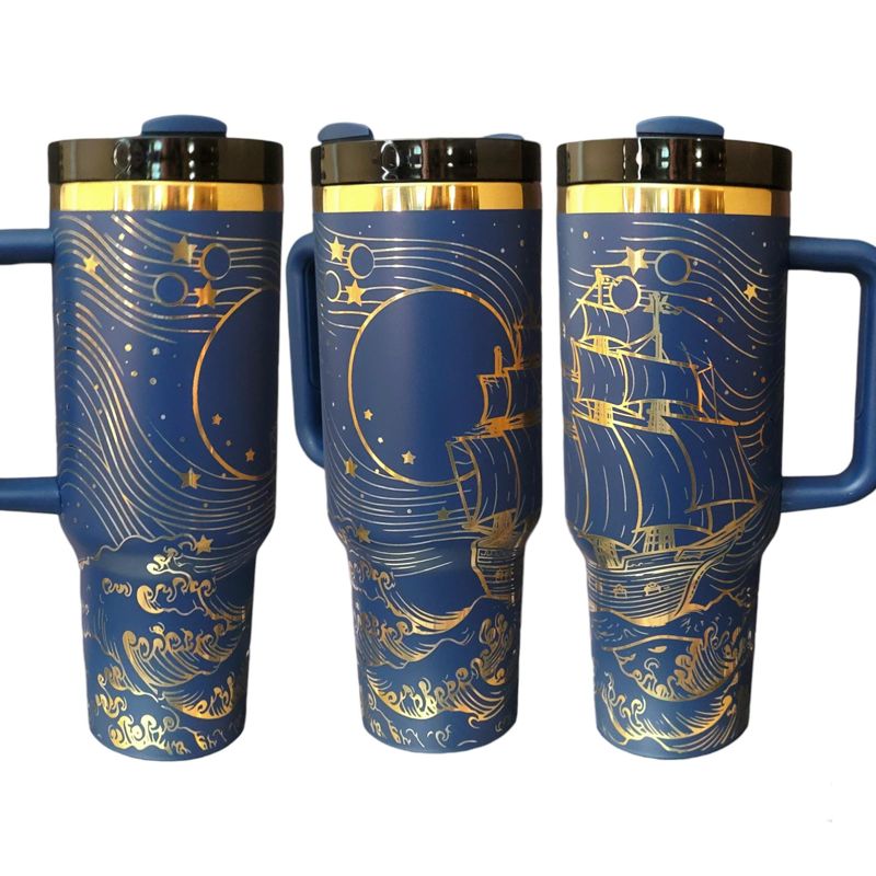 40oz Pirate Tumbler with Gold Engraving πβ | Customizable Colors | Perfect Gift for Ocean Lovers & Pirate Enthusiasts (Blue Gold)