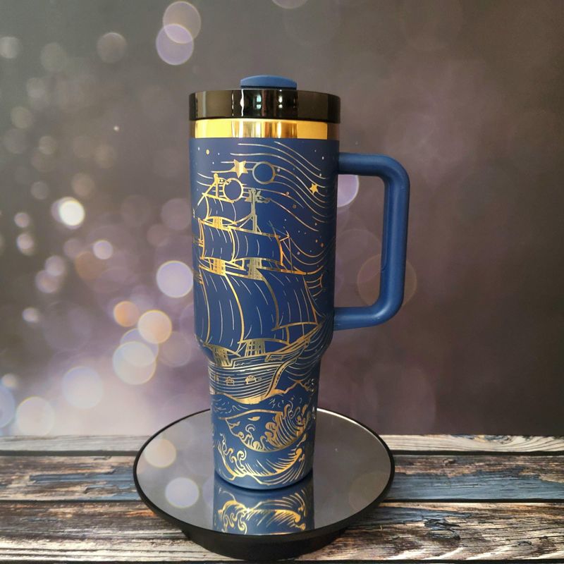 40oz Pirate Tumbler with Gold Engraving πβ | Customizable Colors | Perfect Gift for Ocean Lovers & Pirate Enthusiasts (Blue Gold)