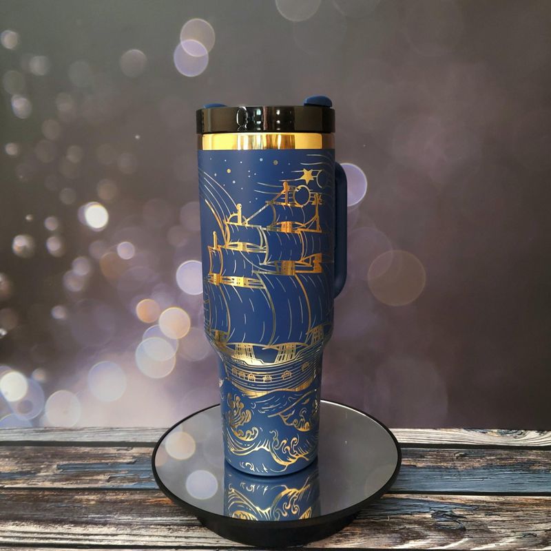 40oz Pirate Tumbler with Gold Engraving πβ | Customizable Colors | Perfect Gift for Ocean Lovers & Pirate Enthusiasts (Blue Gold)