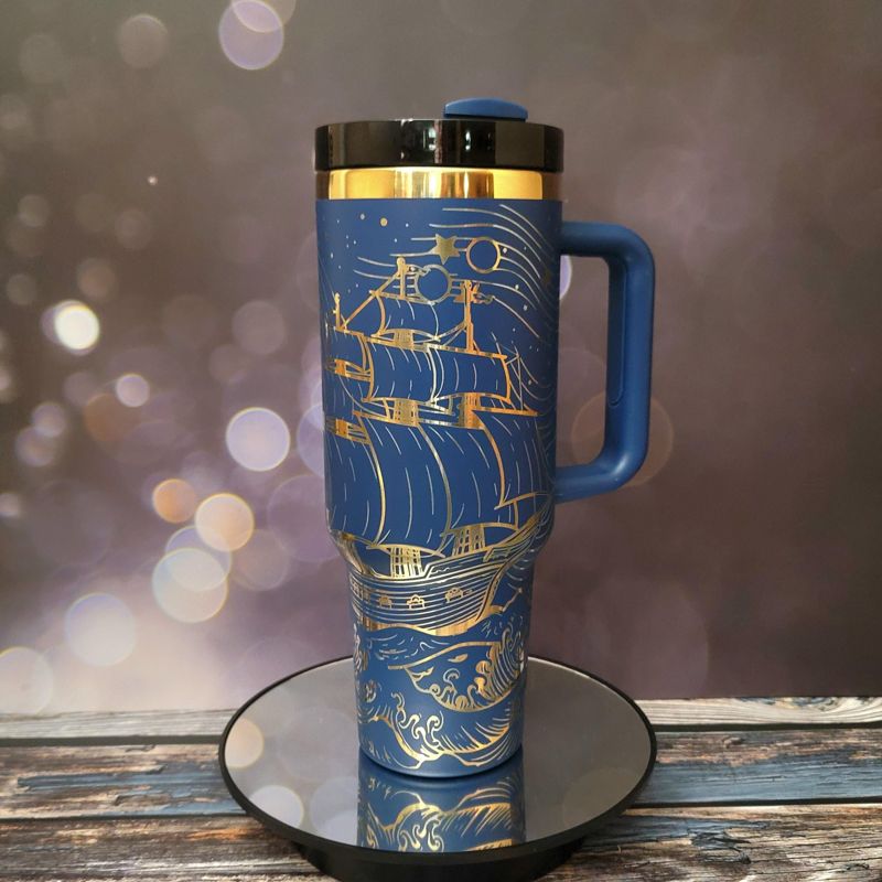 40oz Pirate Tumbler with Gold Engraving πβ | Customizable Colors | Perfect Gift for Ocean Lovers & Pirate Enthusiasts (Blue Gold)