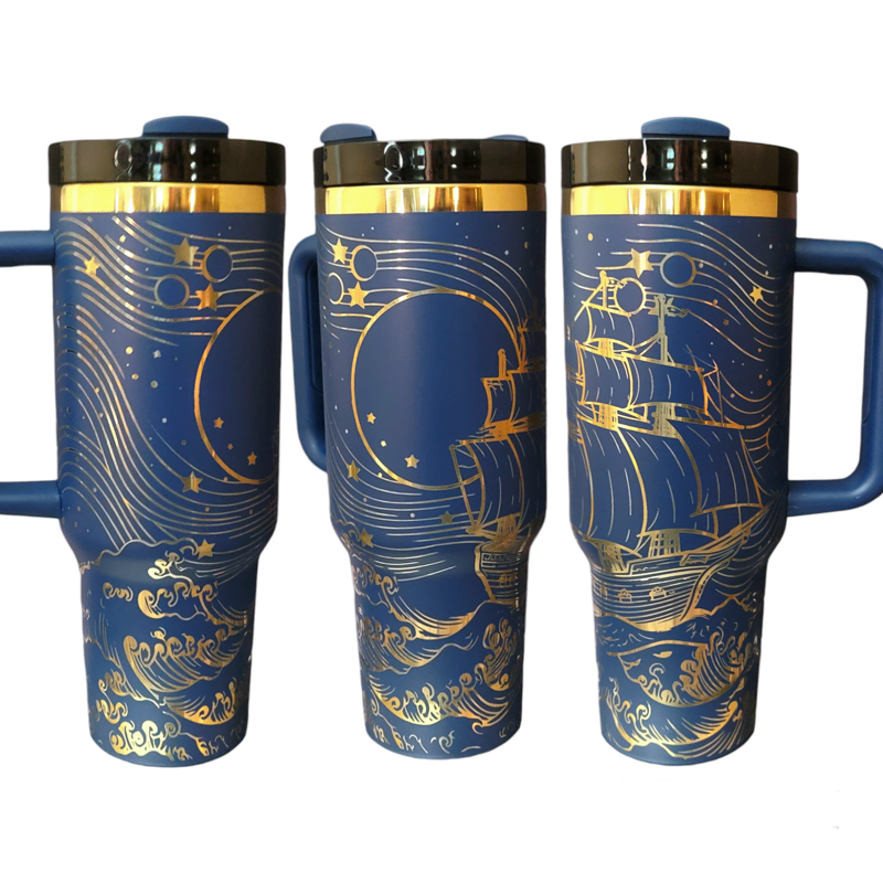 40oz Pirate Tumbler with Gold Engraving πβ | Customizable Colors | Perfect Gift for Ocean Lovers & Pirate Enthusiasts (Blue Gold)