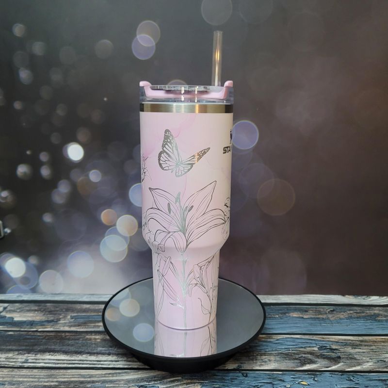 40oz Stanley Tumbler | Floral Sunflower and Lily Design | Perfect Gift for Gardeners & Nature Lovers (Charcoal H2.0, Design Only)