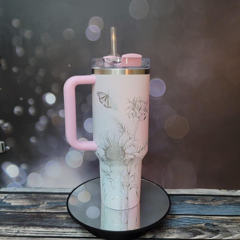 40oz Stanley Tumbler | Floral Sunflower and Lily Design | Perfect Gift for Gardeners & Nature Lovers (Charcoal H2.0, Design Only)