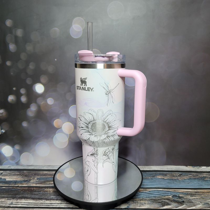 40oz Stanley Tumbler | Floral Sunflower and Lily Design | Perfect Gift for Gardeners & Nature Lovers (Charcoal H2.0, Design Only)