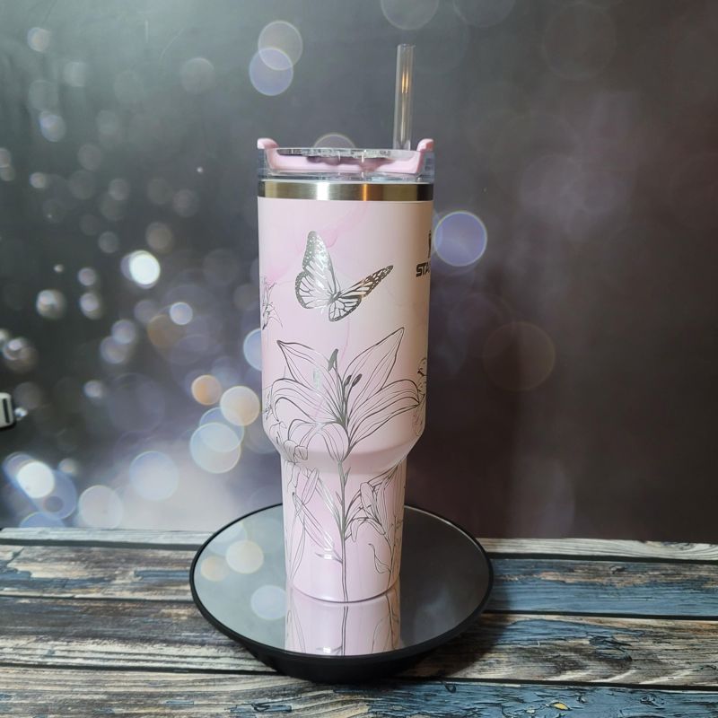 40oz Stanley Tumbler | Floral Sunflower and Lily Design | Perfect Gift for Gardeners & Nature Lovers (Charcoal H2.0, Design Only)