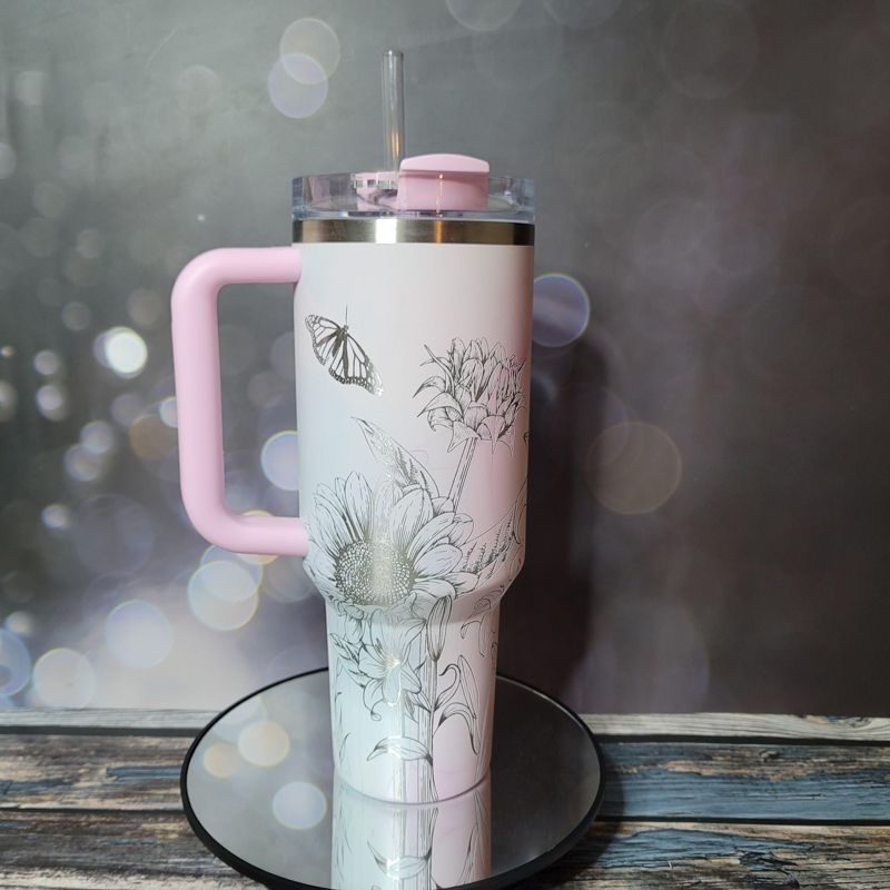 40oz Stanley Tumbler | Floral Sunflower and Lily Design | Perfect Gift for Gardeners & Nature Lovers (Charcoal H2.0, Design Only)