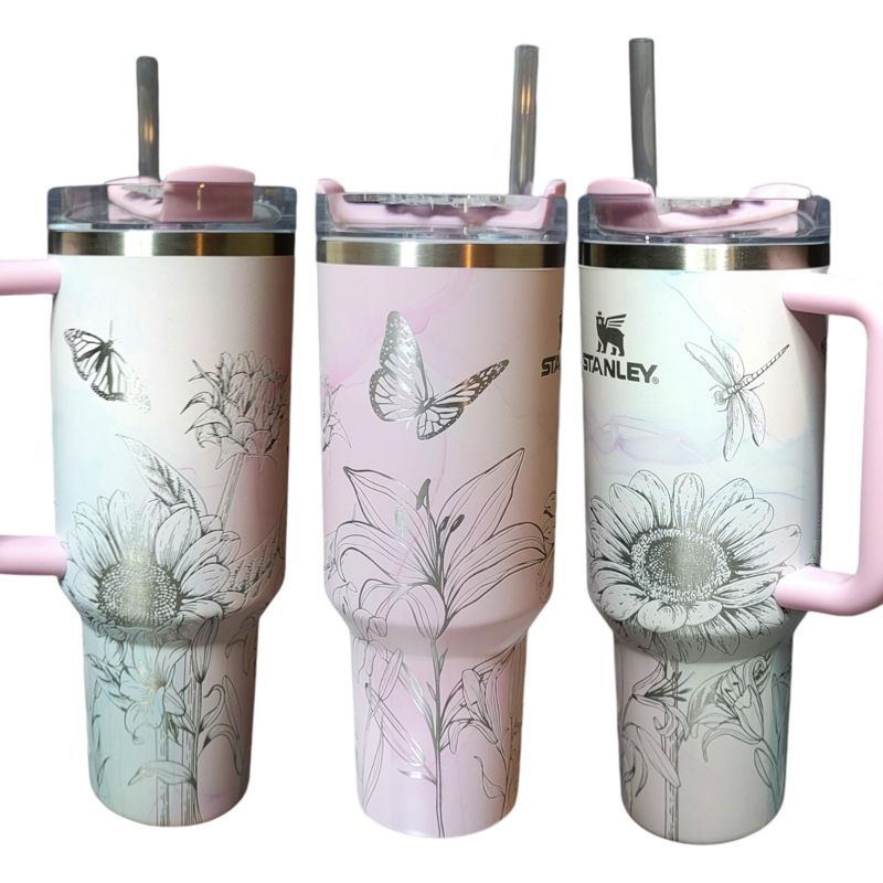 40oz Stanley Tumbler | Floral Sunflower and Lily Design | Perfect Gift for Gardeners & Nature Lovers (Charcoal H2.0, Design Only)