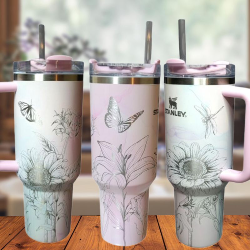 40oz Stanley Tumbler | Floral Sunflower and Lily Design | Perfect Gift for Gardeners & Nature Lovers (Charcoal H2.0, Design Only)