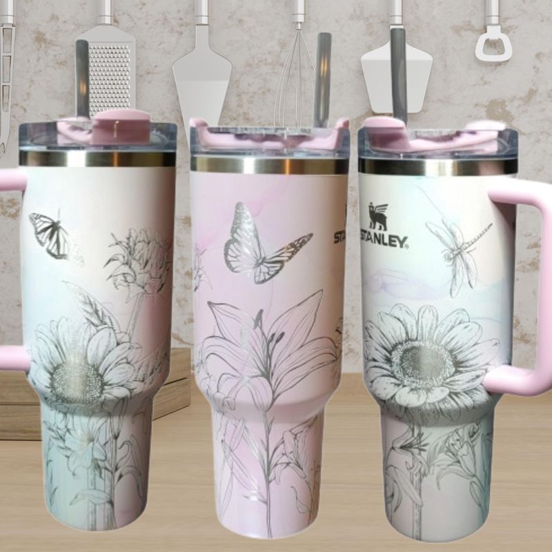 40oz Stanley Tumbler | Floral Sunflower and Lily Design | Perfect Gift for Gardeners & Nature Lovers (Charcoal H2.0, Design Only)