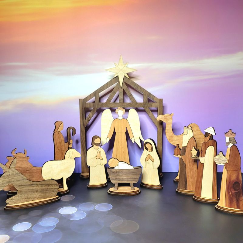 Handcrafted Wooden Nativity Set w Matching Ornament - Heirloom Quality (Full Set)