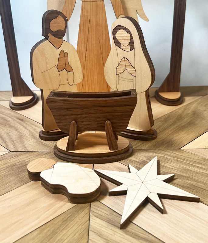 Handcrafted Wooden Nativity Set w Matching Ornament - Heirloom Quality (Full Set)