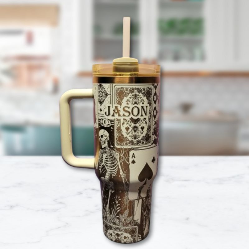 Engraved Copper Tumbler with Clown Skull and Roses Playing Card Design (Black Copper, Design Only)