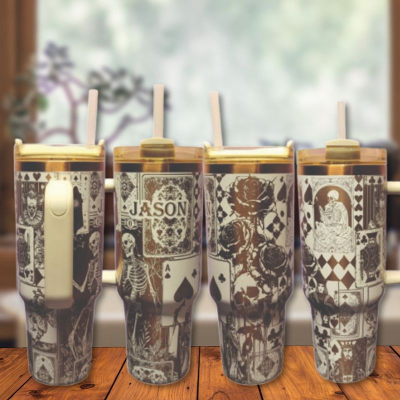 Engraved Copper Tumbler with Clown Skull and Roses Playing Card Design (Black Copper, Design Only)