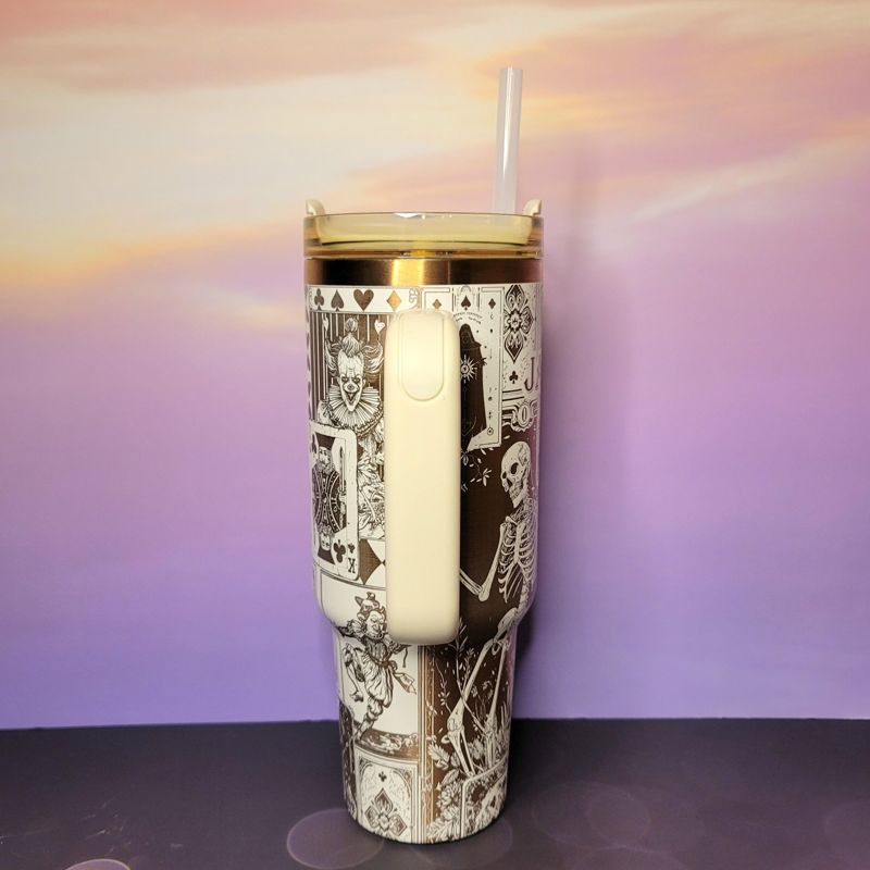 Engraved Copper Tumbler with Clown Skull and Roses Playing Card Design (Black Copper, Design Only)