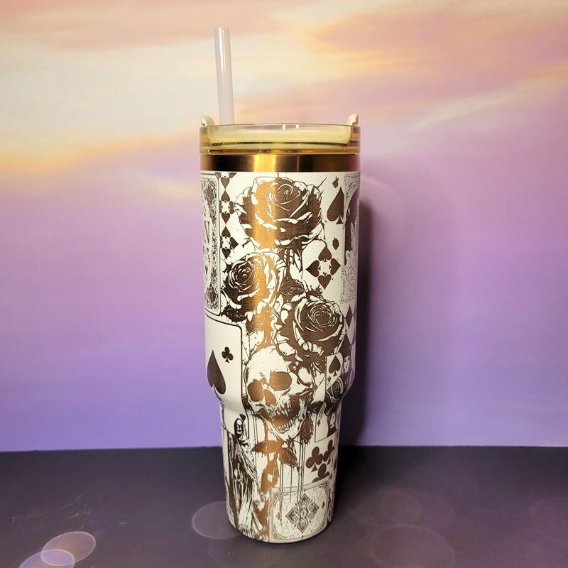 Engraved Copper Tumbler with Clown Skull and Roses Playing Card Design (Black Copper, Design Only)