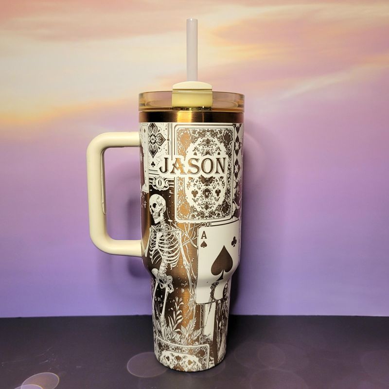 Engraved Copper Tumbler with Clown Skull and Roses Playing Card Design (Black Copper, Design Only)
