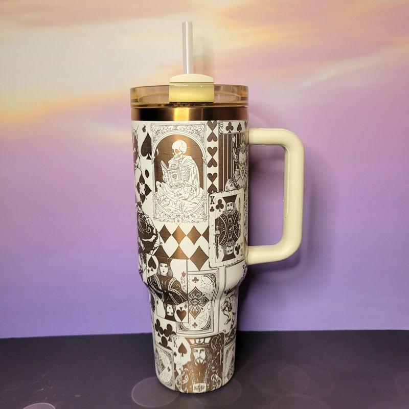 Engraved Copper Tumbler with Clown Skull and Roses Playing Card Design (Black Copper, Design Only)
