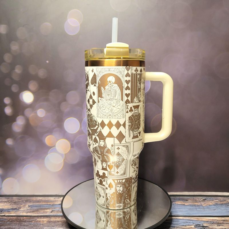 Engraved Copper Tumbler with Clown Skull and Roses Playing Card Design (Black Copper, Design Only)
