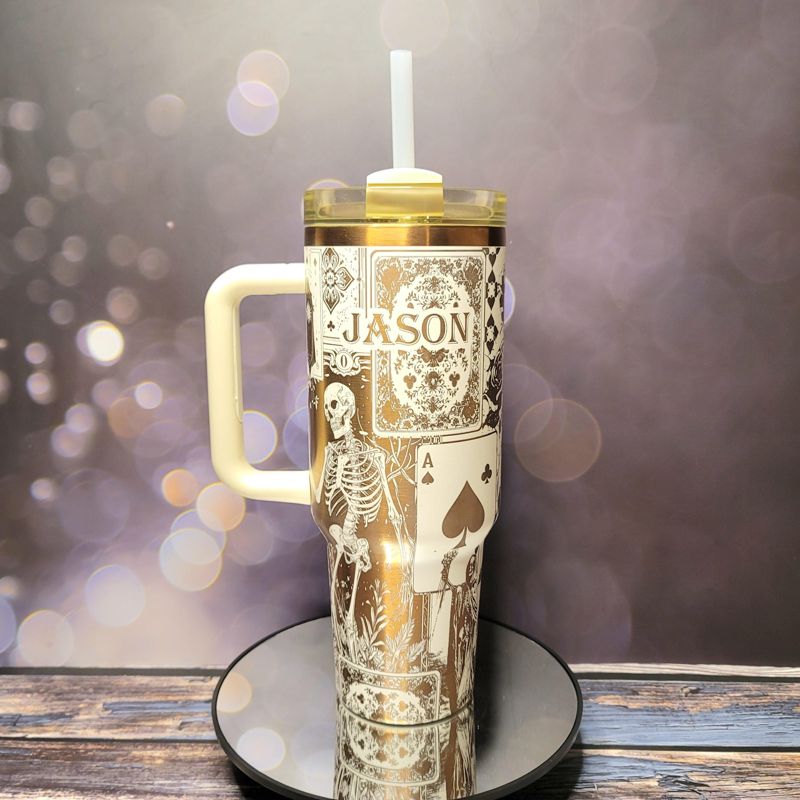 Engraved Copper Tumbler with Clown Skull and Roses Playing Card Design (Black Copper, Design Only)