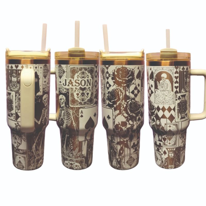 Engraved Copper Tumbler with Clown Skull and Roses Playing Card Design (Black Copper, Design Only)