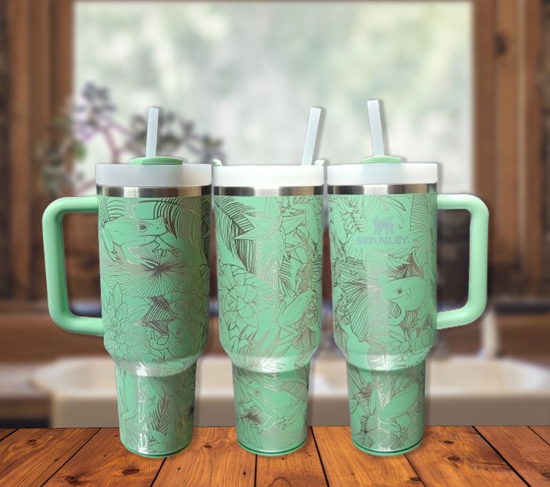 Whimsical Tree Frog Engraved 40oz Stanley Tumbler with Straw & Handle - Full Wrap Leaf Design (Charcoal H2.0, Design Only)