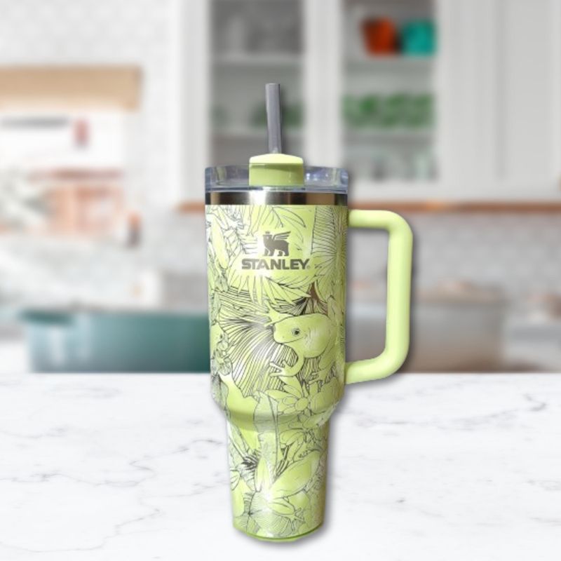 Whimsical Tree Frog Engraved 40oz Stanley Tumbler with Straw & Handle - Full Wrap Leaf Design (Charcoal H2.0, Design Only)