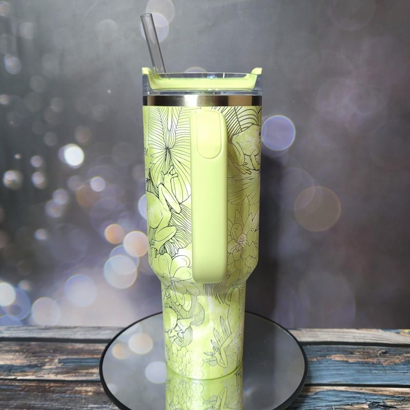 Whimsical Tree Frog Engraved 40oz Stanley Tumbler with Straw & Handle - Full Wrap Leaf Design (Charcoal H2.0, Design Only)