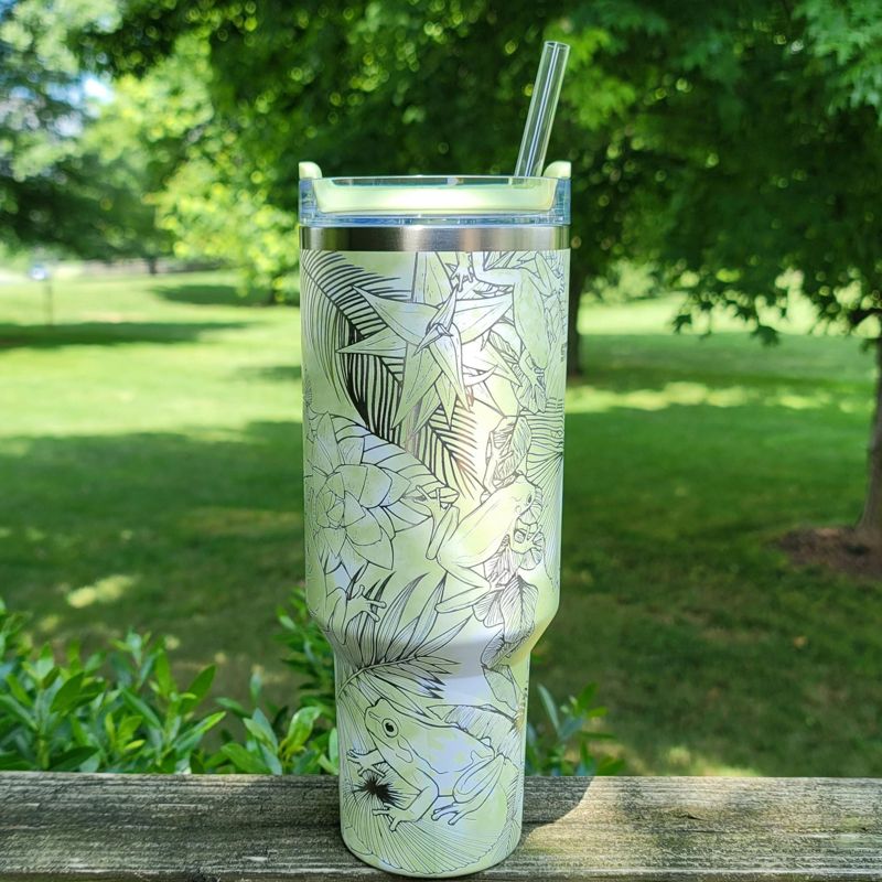 Whimsical Tree Frog Engraved 40oz Stanley Tumbler with Straw & Handle - Full Wrap Leaf Design (Charcoal H2.0, Design Only)
