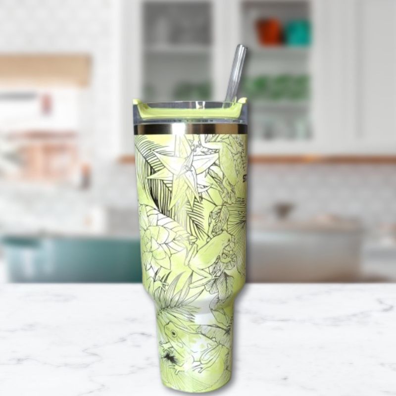 Whimsical Tree Frog Engraved 40oz Stanley Tumbler with Straw & Handle - Full Wrap Leaf Design (Charcoal H2.0, Design Only)