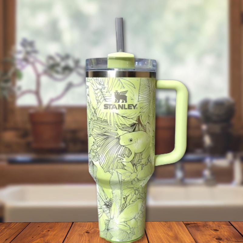 Whimsical Tree Frog Engraved 40oz Stanley Tumbler with Straw & Handle - Full Wrap Leaf Design (Charcoal H2.0, Design Only)