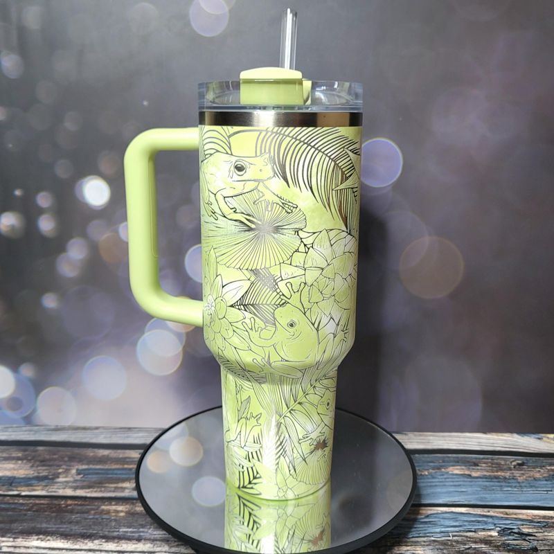 Whimsical Tree Frog Engraved 40oz Stanley Tumbler with Straw & Handle - Full Wrap Leaf Design (Charcoal H2.0, Design Only)