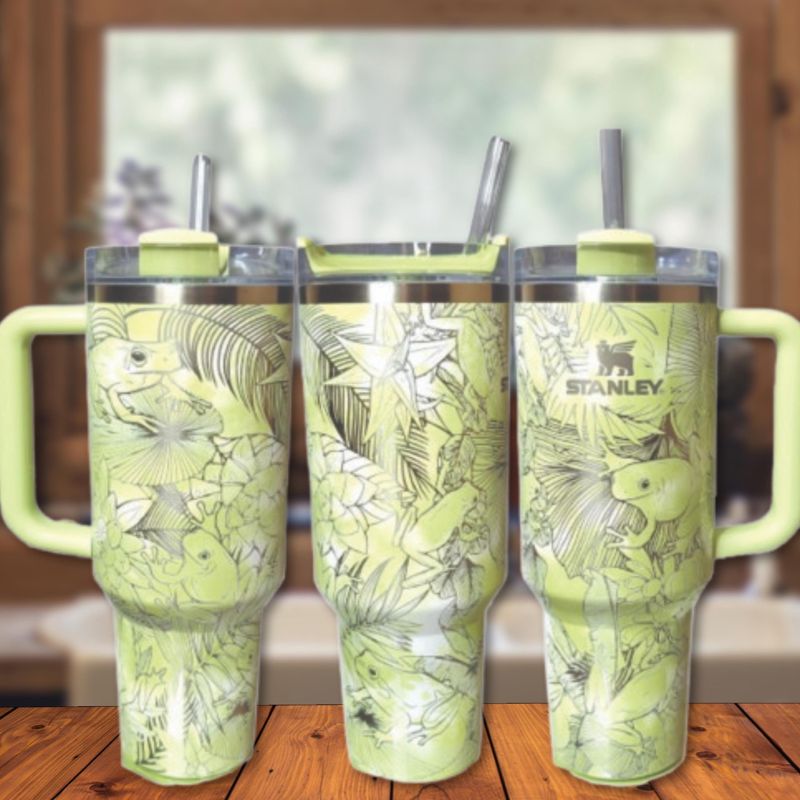 Whimsical Tree Frog Engraved 40oz Stanley Tumbler with Straw & Handle - Full Wrap Leaf Design (Charcoal H2.0, Design Only)