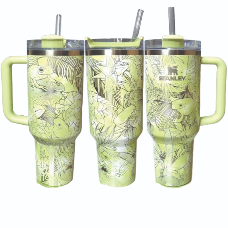 Whimsical Tree Frog Engraved 40oz Stanley Tumbler with Straw & Handle - Full Wrap Leaf Design (Charcoal H2.0, Design Only)