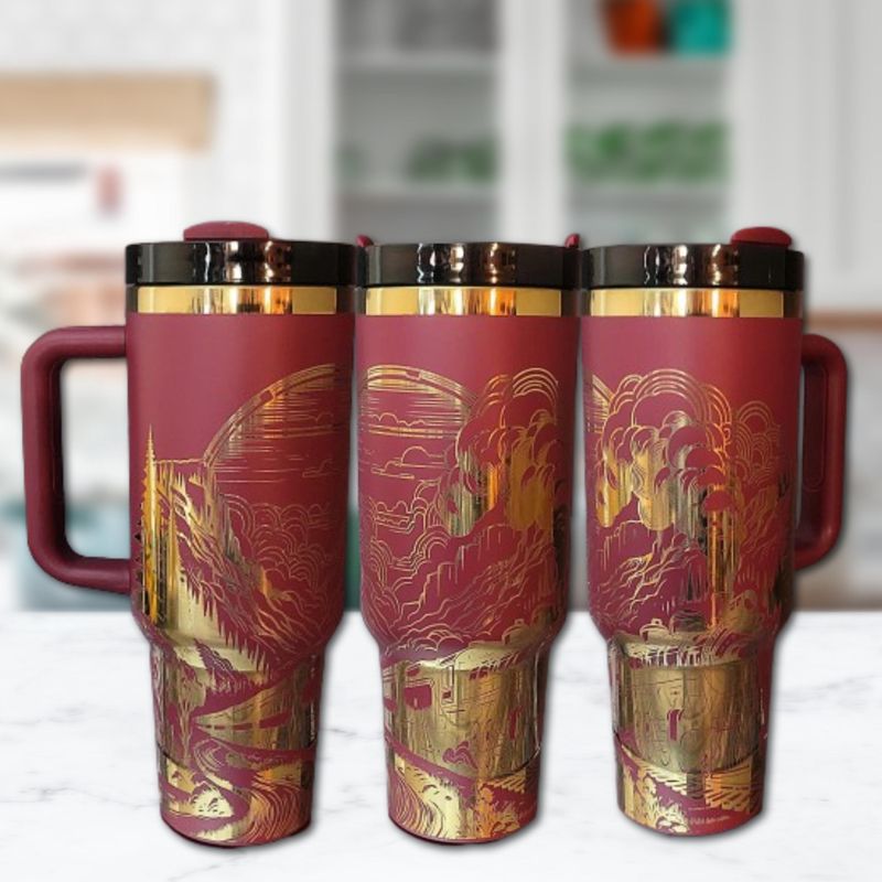 Laser Engraved 40oz Tumbler with Handle & Straw - Train Design in Multiple Colors (Blue Gold)
