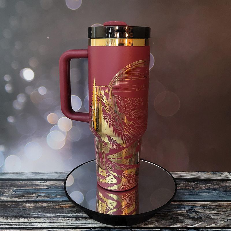 Laser Engraved 40oz Tumbler with Handle & Straw - Train Design in Multiple Colors (Blue Gold)
