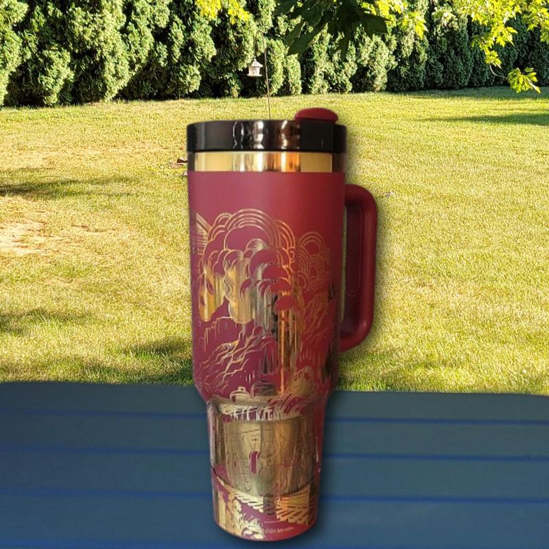 Laser Engraved 40oz Tumbler with Handle & Straw - Train Design in Multiple Colors (Blue Gold)
