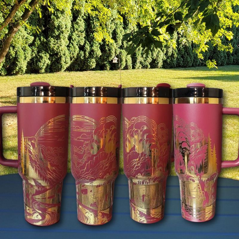Laser Engraved 40oz Tumbler with Handle & Straw - Train Design in Multiple Colors (Blue Gold)