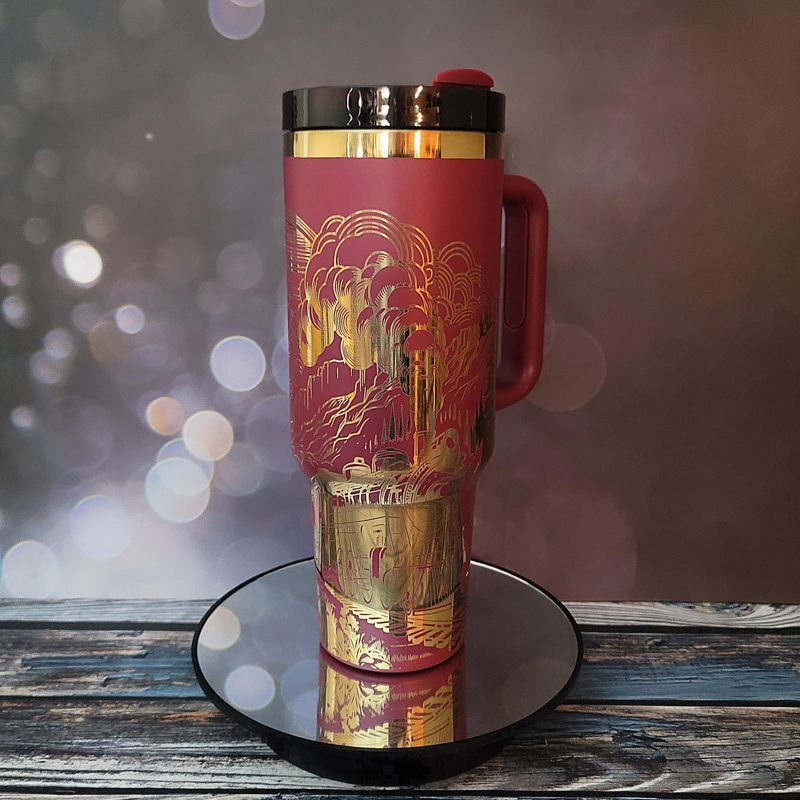Laser Engraved 40oz Tumbler with Handle & Straw - Train Design in Multiple Colors (Blue Gold)