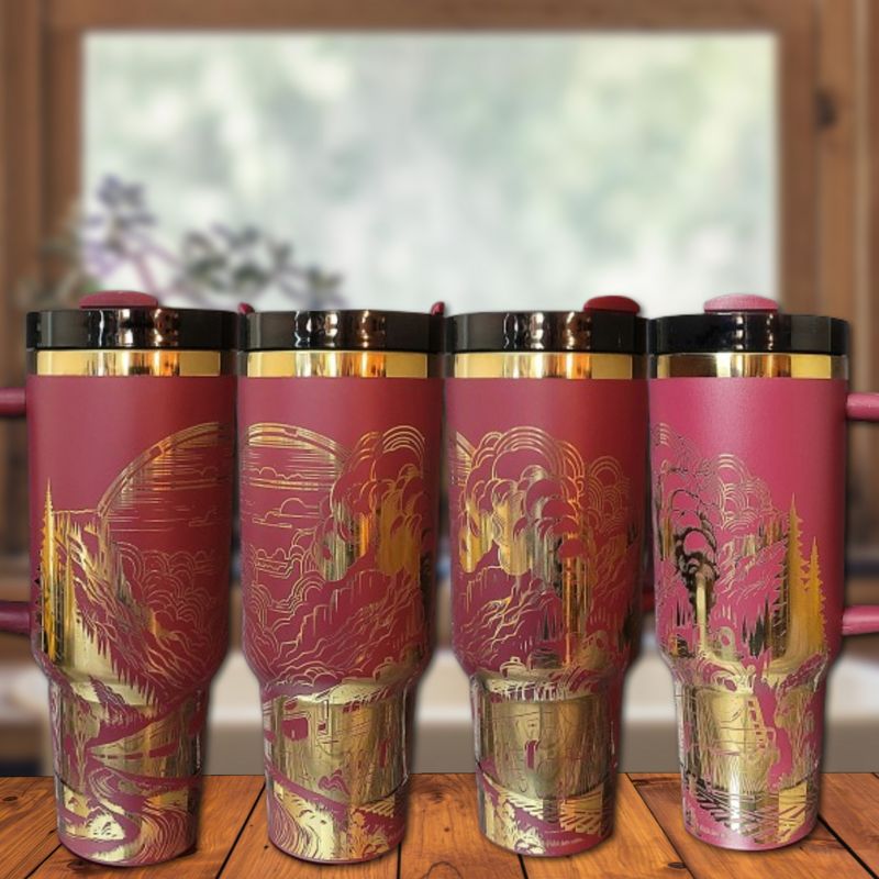 Laser Engraved 40oz Tumbler with Handle & Straw - Train Design in Multiple Colors (Blue Gold)
