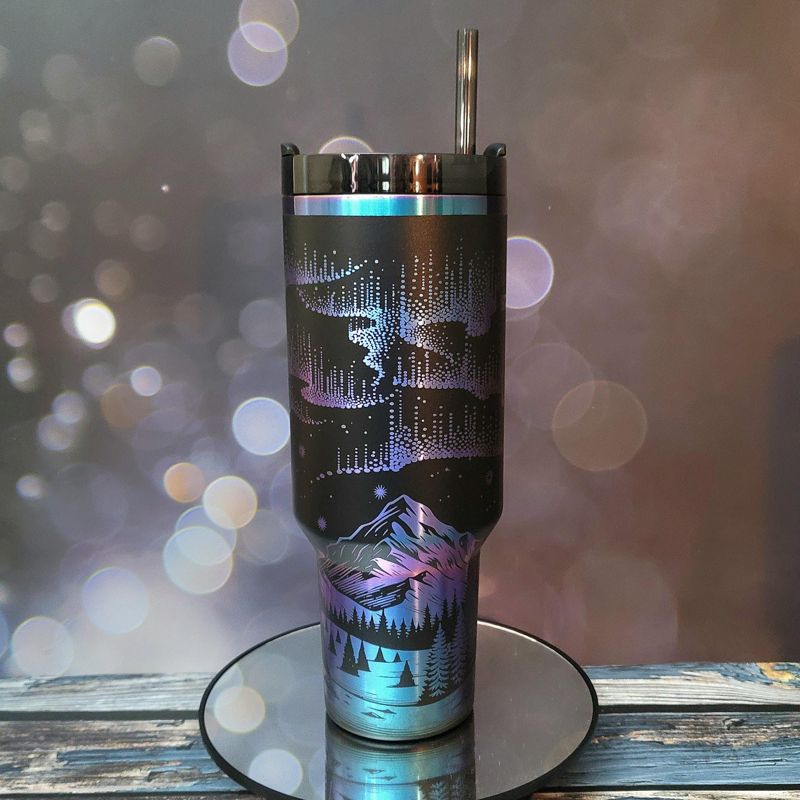 Northern Lights Stanley Chroma Tumbler | 40oz Engraved Aurora Borealis & Mountain Design