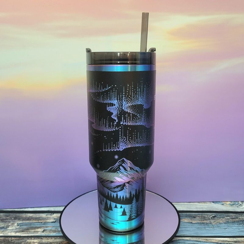 Northern Lights Stanley Chroma Tumbler | 40oz Engraved Aurora Borealis & Mountain Design