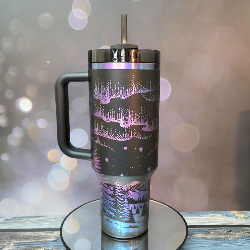 Northern Lights Stanley Chroma Tumbler | 40oz Engraved Aurora Borealis & Mountain Design