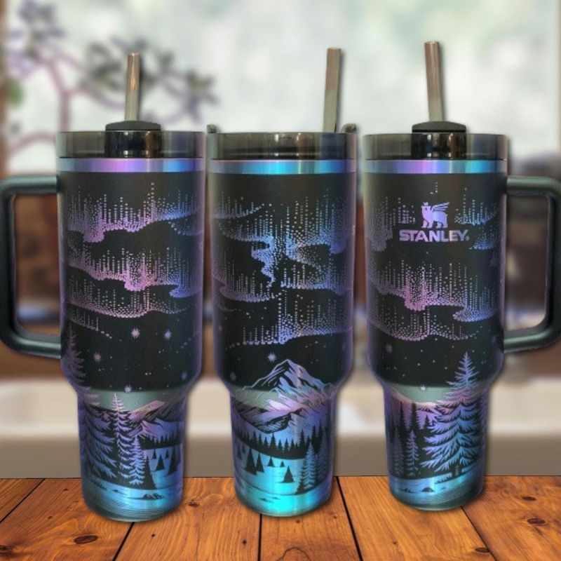 Northern Lights Stanley Chroma Tumbler | 40oz Engraved Aurora Borealis & Mountain Design