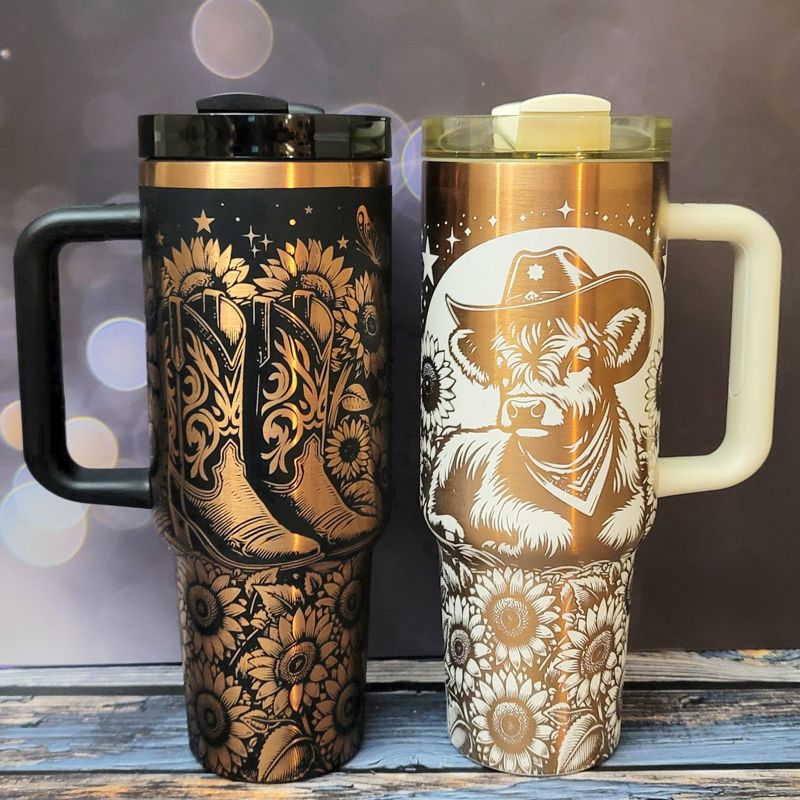 Highland Cow Sunflower Copper Engraved Tumbler (Black Copper)