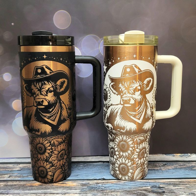 Highland Cow Sunflower Copper Engraved Tumbler (Black Copper)