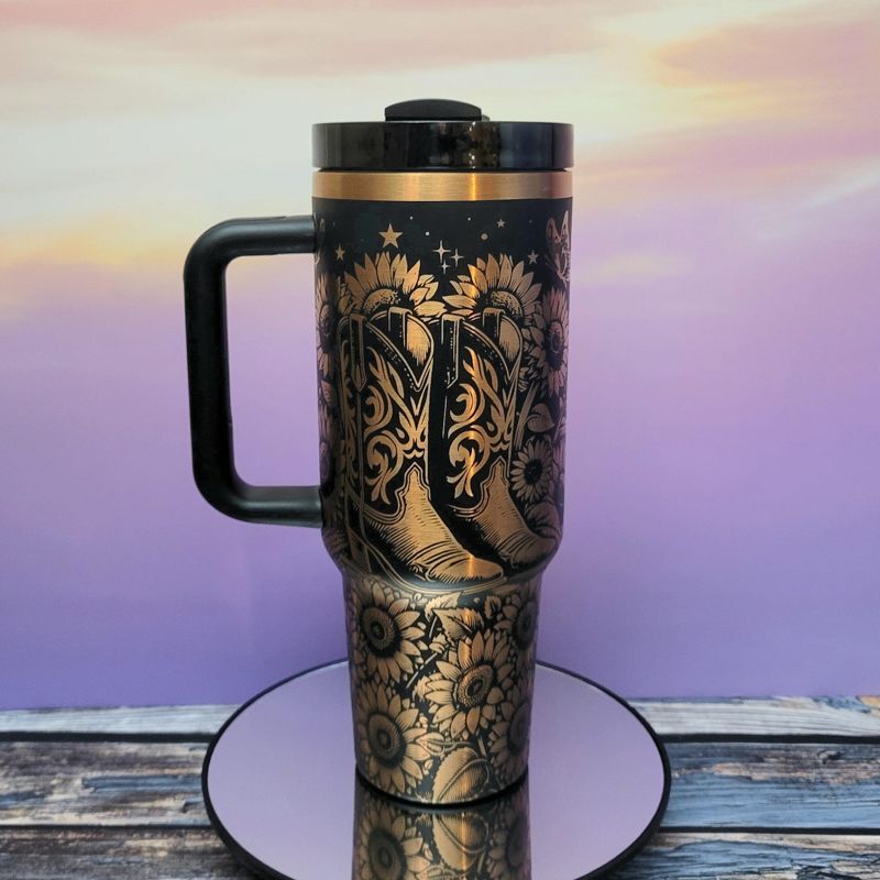 Highland Cow Sunflower Copper Engraved Tumbler (Black Copper)