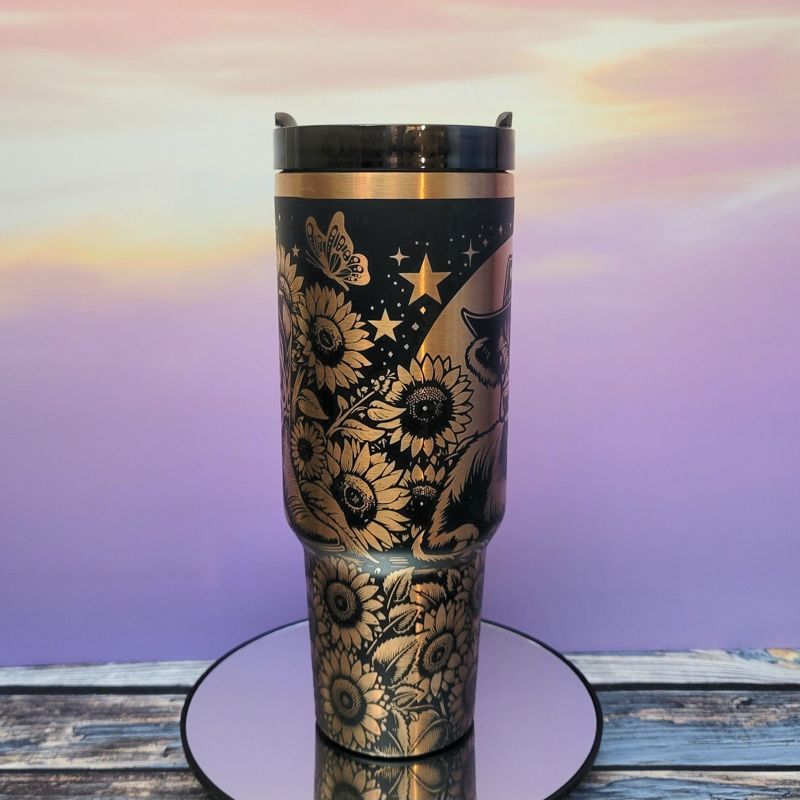Highland Cow Sunflower Copper Engraved Tumbler (Black Copper)