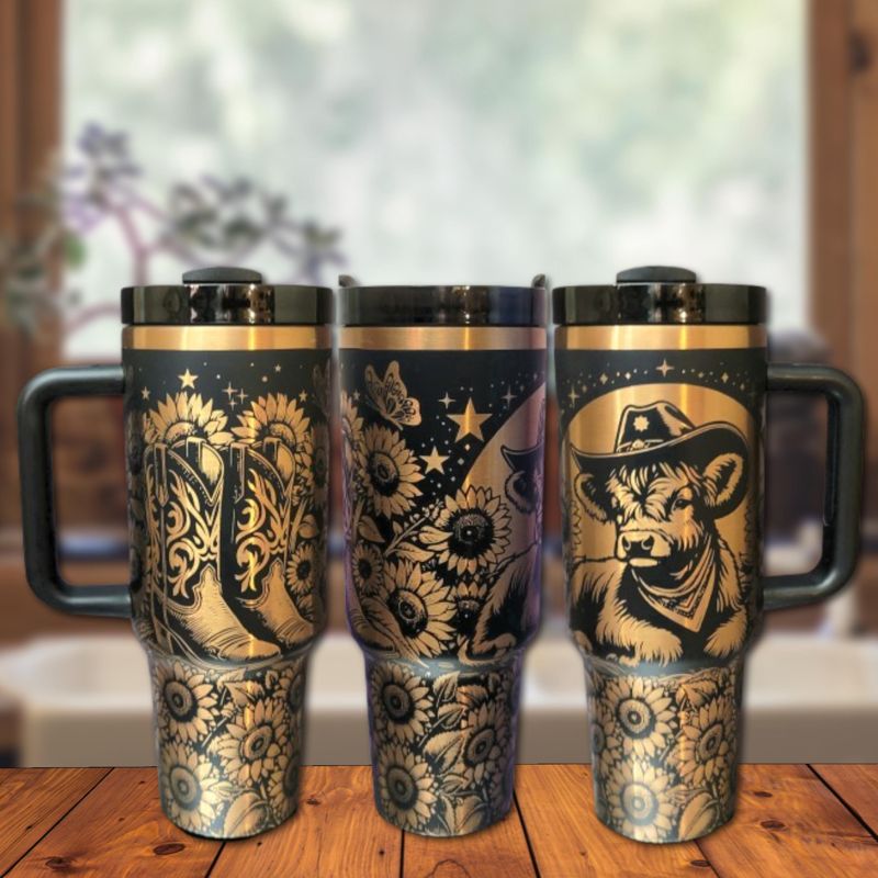 Highland Cow Sunflower Copper Engraved Tumbler (Black Copper)