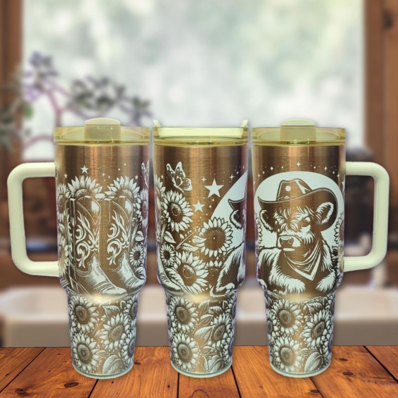 Highland Cow Sunflower Copper Engraved Tumbler (Black Copper)
