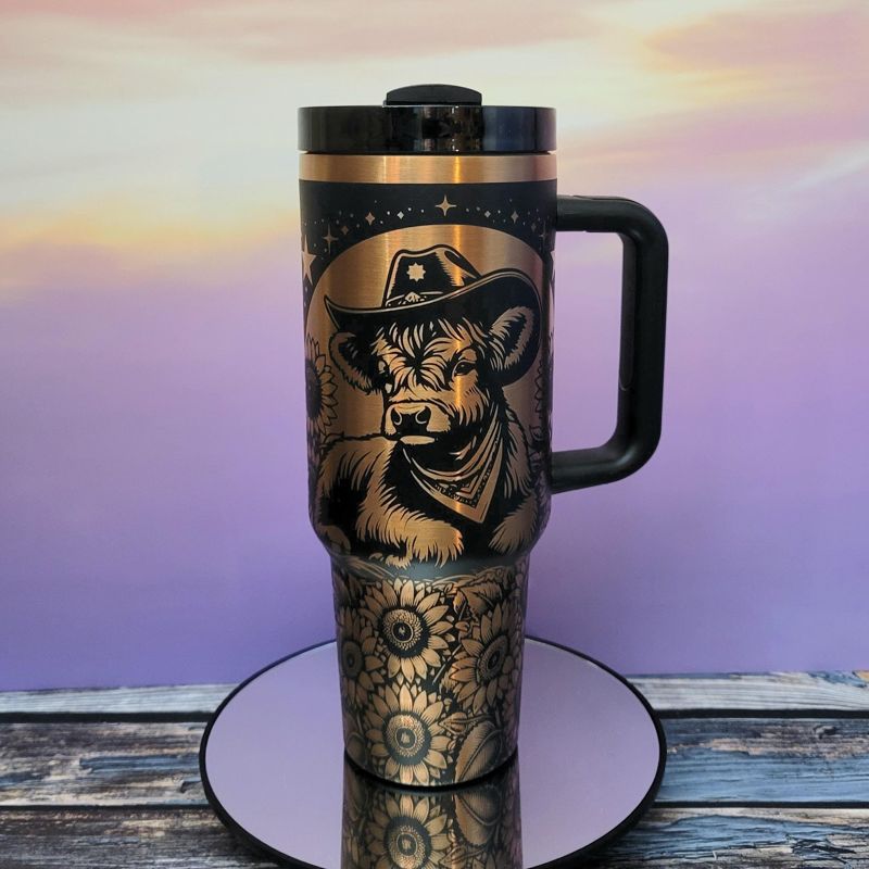 Highland Cow Sunflower Copper Engraved Tumbler (Black Copper)